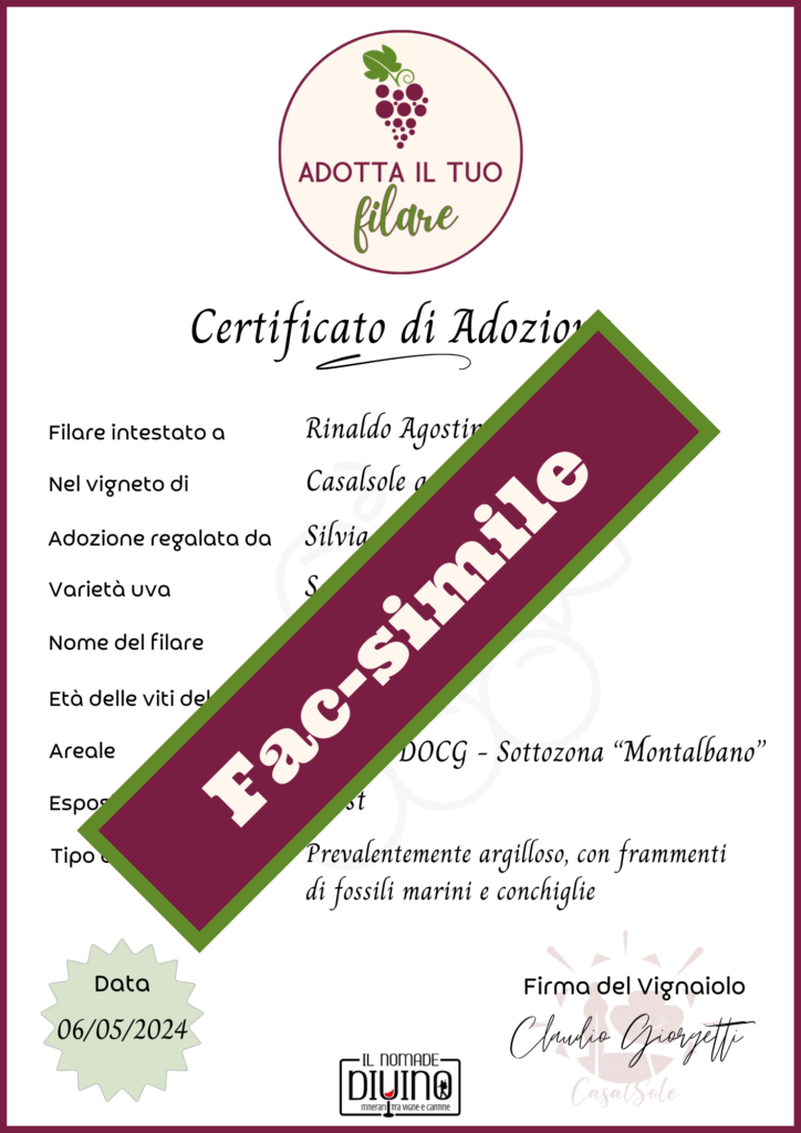 adotta il tuo filare in toscana - certificato di adozione